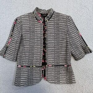 St. John Couture Blazer Womens 4 Black Tweed Floral Silk Lined 3/4 Sleeve Jacket